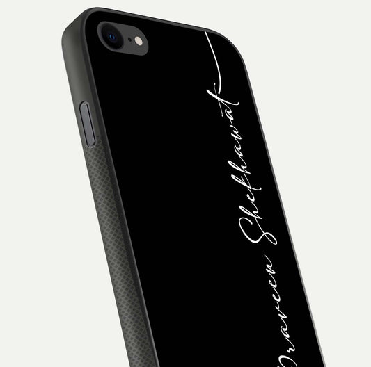 Black Tune Custom Name Glass Case for iPhone 8 close-up shot highlighting sleek monochrome design and reflection