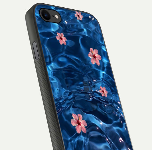 Blooming Water Drift Glass Case for iPhone 8 close-up angle showing petal details, soft aqua tones, and smooth gloss reflection