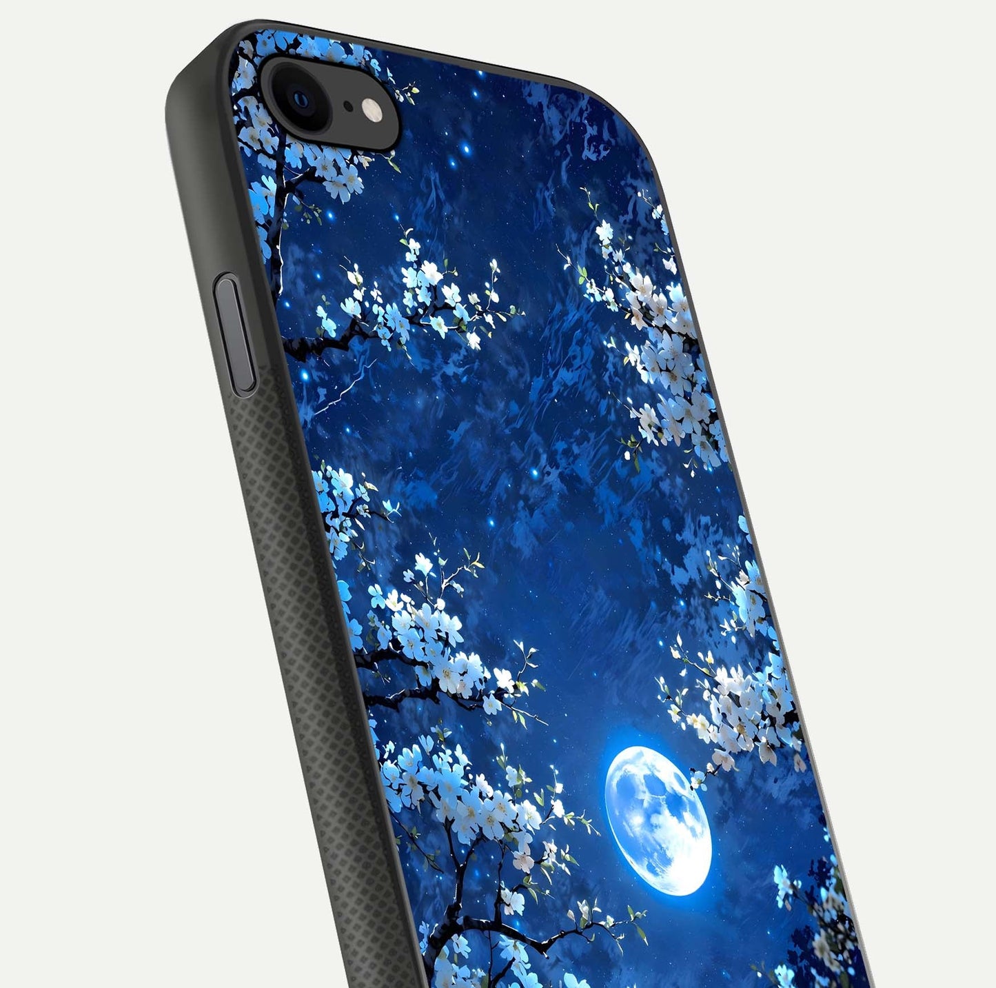 Blossom Moonlight Sky Glass Case for iPhone 8 close-up angle capturing moon glow and flower detail reflections