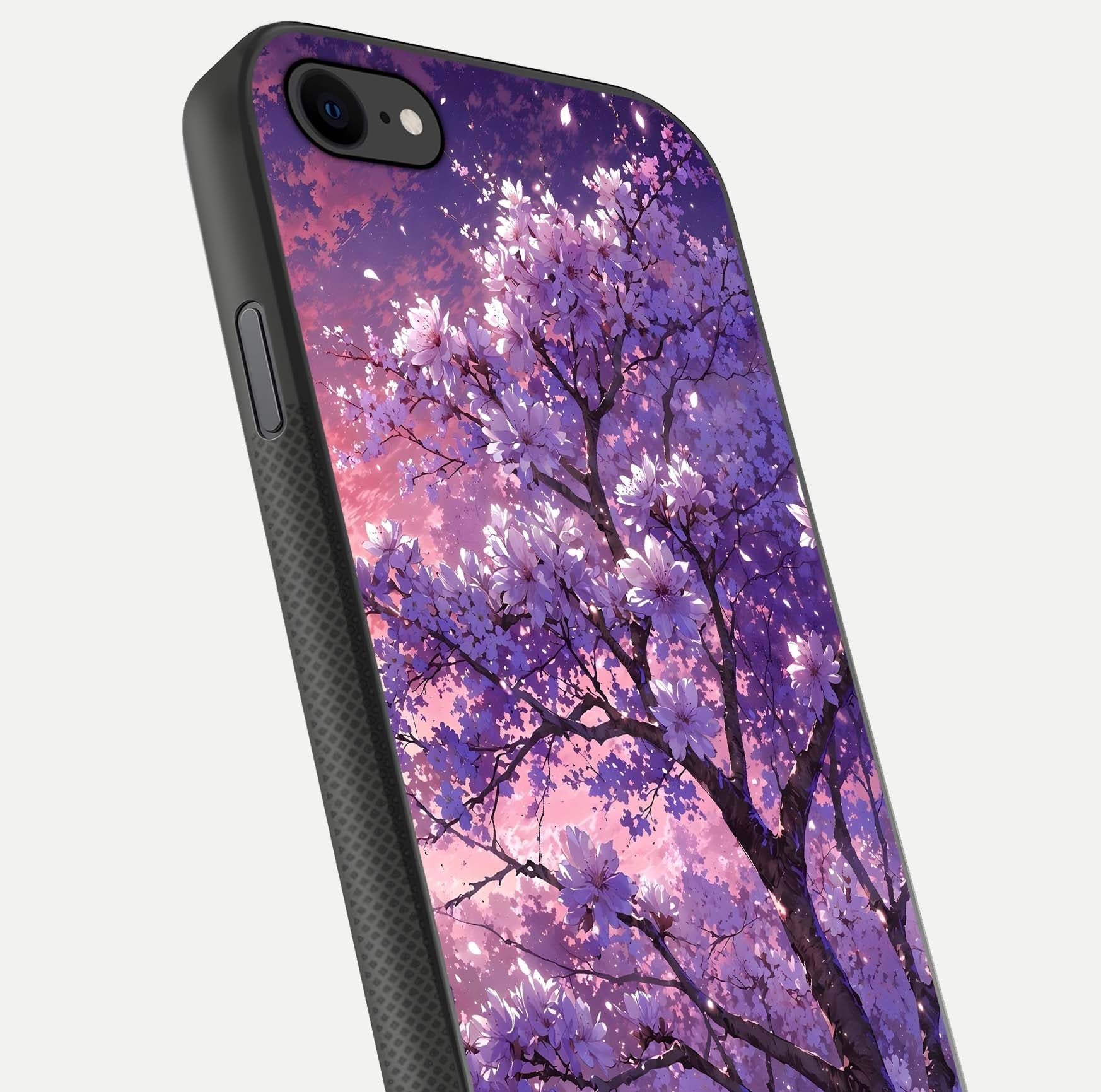 Blossom Tree Glass Case for iPhone 8 close-up image highlighting tree branches, blossoms, and shine