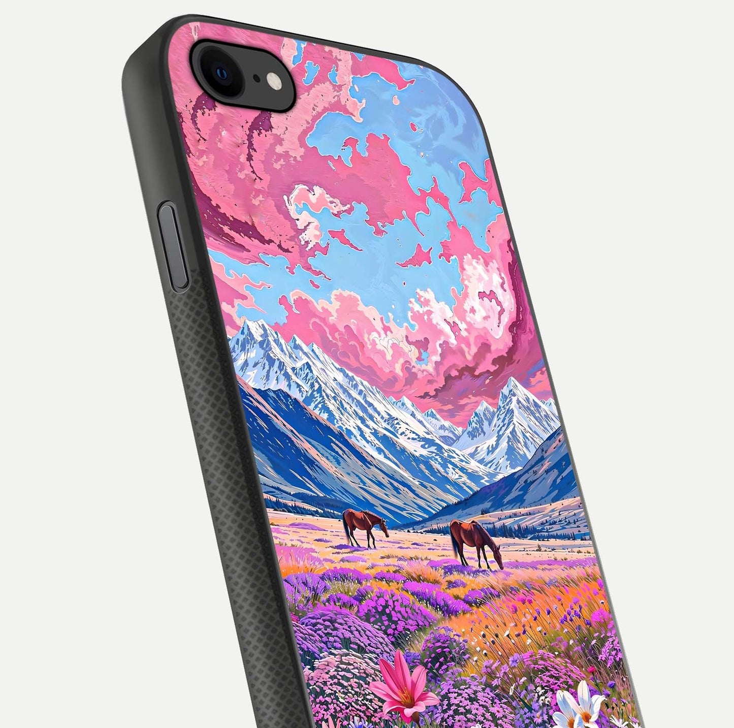 Blossom Valley Dream Glass Case for iPhone 8 close-up view showing detailed flower print and pastel hues