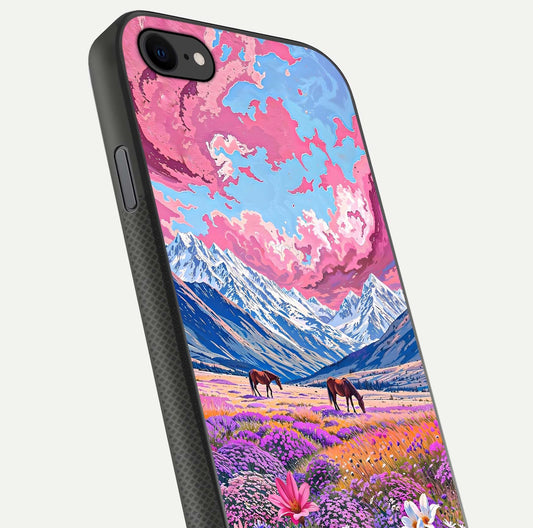 Blossom Valley Dream Glass Case for iPhone 8 close-up view showing detailed flower print and pastel hues