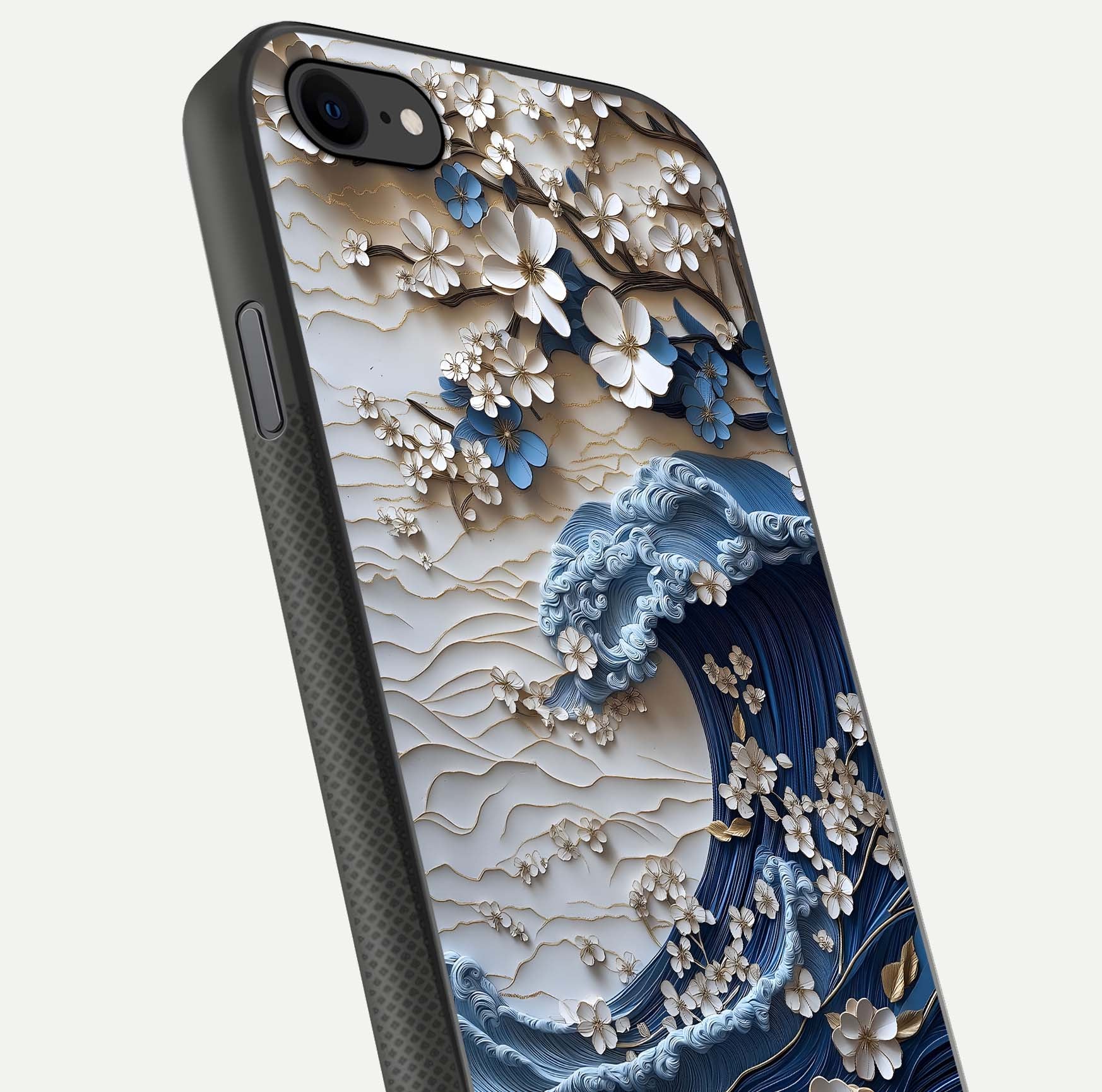 Blossom Wave Art Glass Case for iPhone 8 close-up shot highlighting wave motion in floral art and reflection