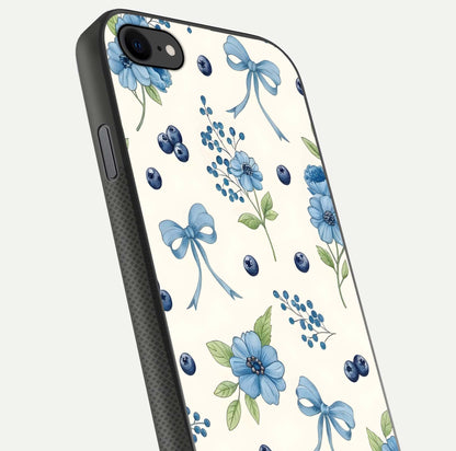 Blue Flower & Bow Glass Case for iPhone 8 close-up shot highlighting ribbon detail and flower gloss finish