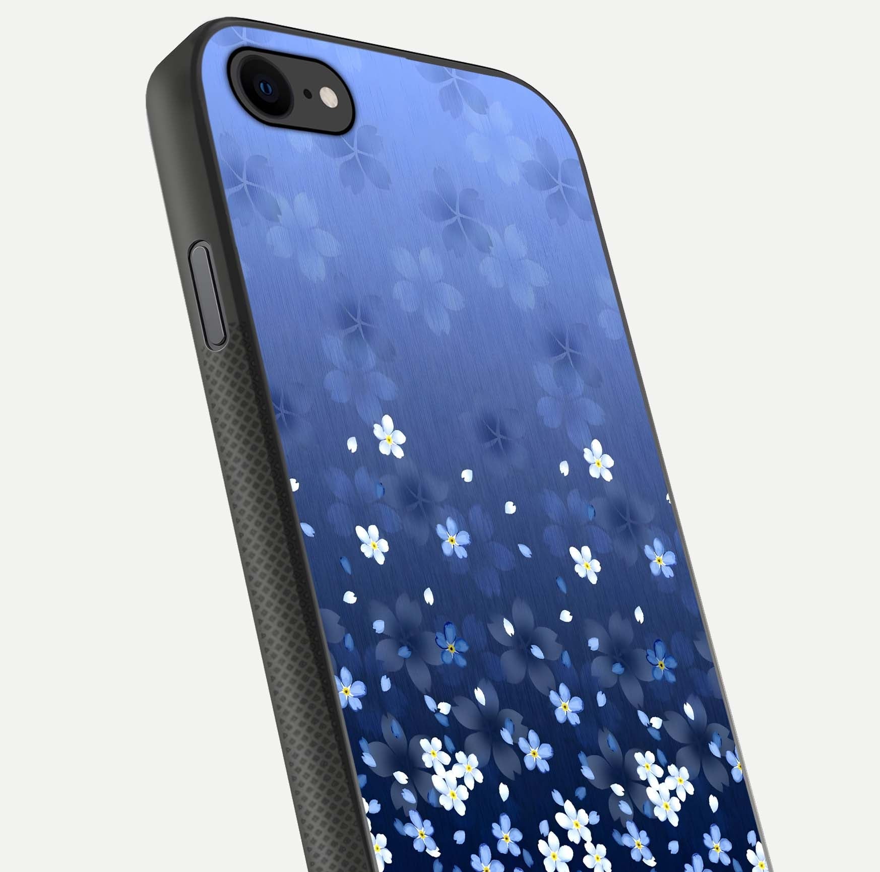 Blue Starry Glass Case for iPhone 8 close-up image highlighting sparkle details and midnight blue gradient