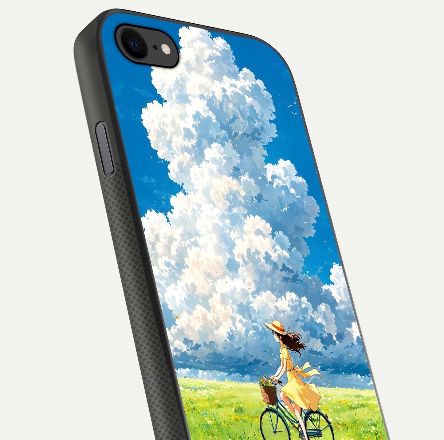 Breezy Meadow Ride Glass Case for iPhone 8 close-up shot showing flowers and breezy motion texture