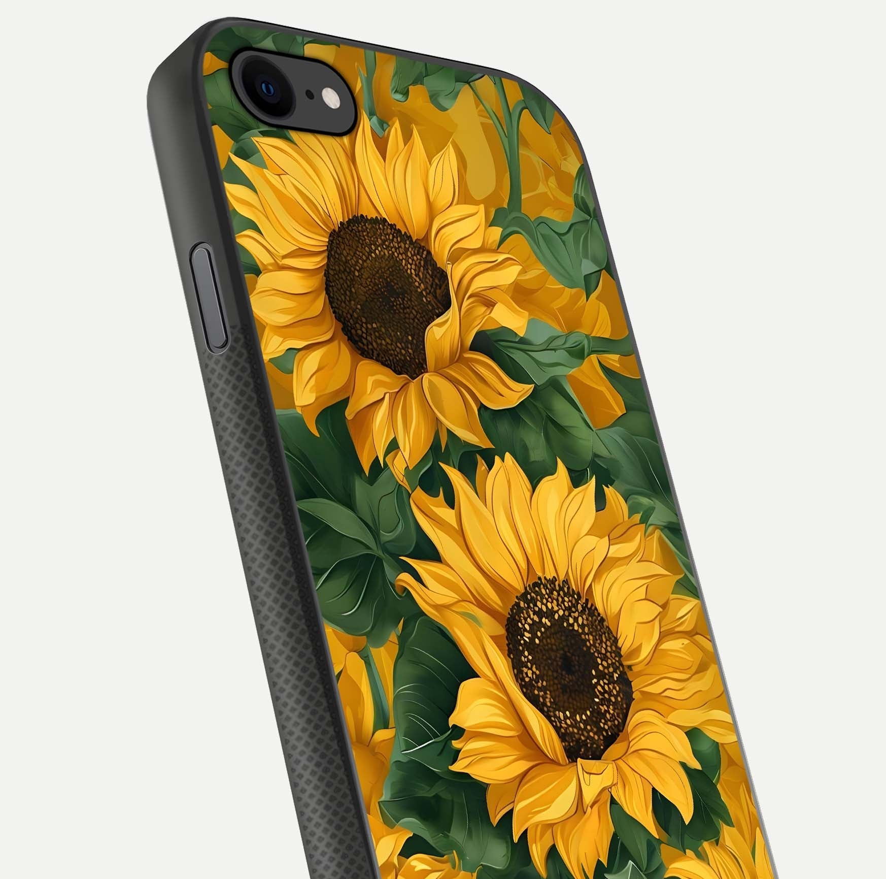 Bright Sunflower Bloom Glass Case for iPhone 8 close-up image highlighting yellow petal detail and HD reflection