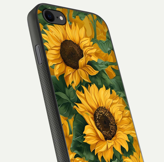 Bright Sunflower Bloom Glass Case for iPhone 8 close-up image highlighting yellow petal detail and HD reflection