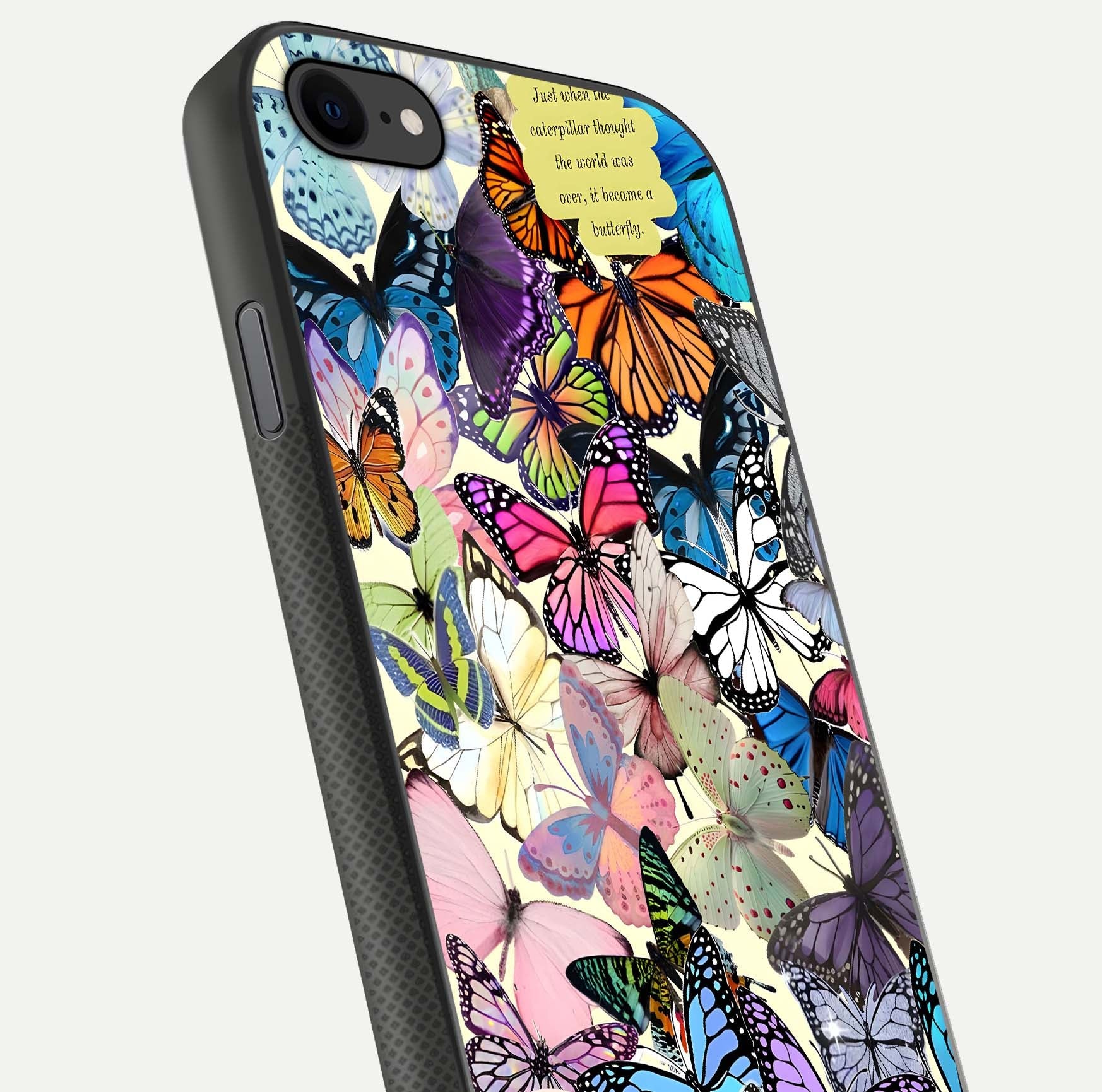Butterflies Petal Dream Glass Case for iPhone 8 close-up highlighting butterfly wings and pink petal gloss