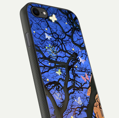 Butterfly Night Magic Glass Case for iPhone 8 close-up highlighting wings reflection and gloss shimmer