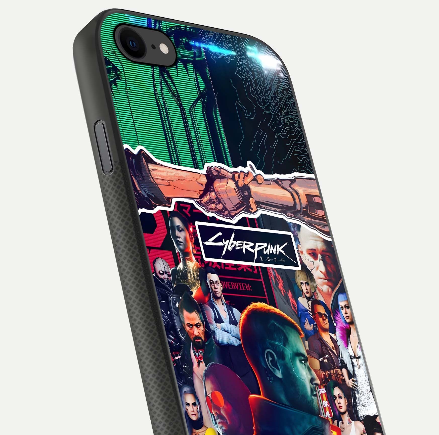 CYBERPUNK Legacy Glass Case for iPhone 8 close-up highlighting circuit texture and reflection tone