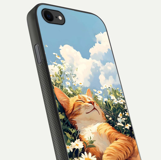 Cat & Flowers View Glass Case for iPhone 8 close-up view highlighting cat expression and petal detail