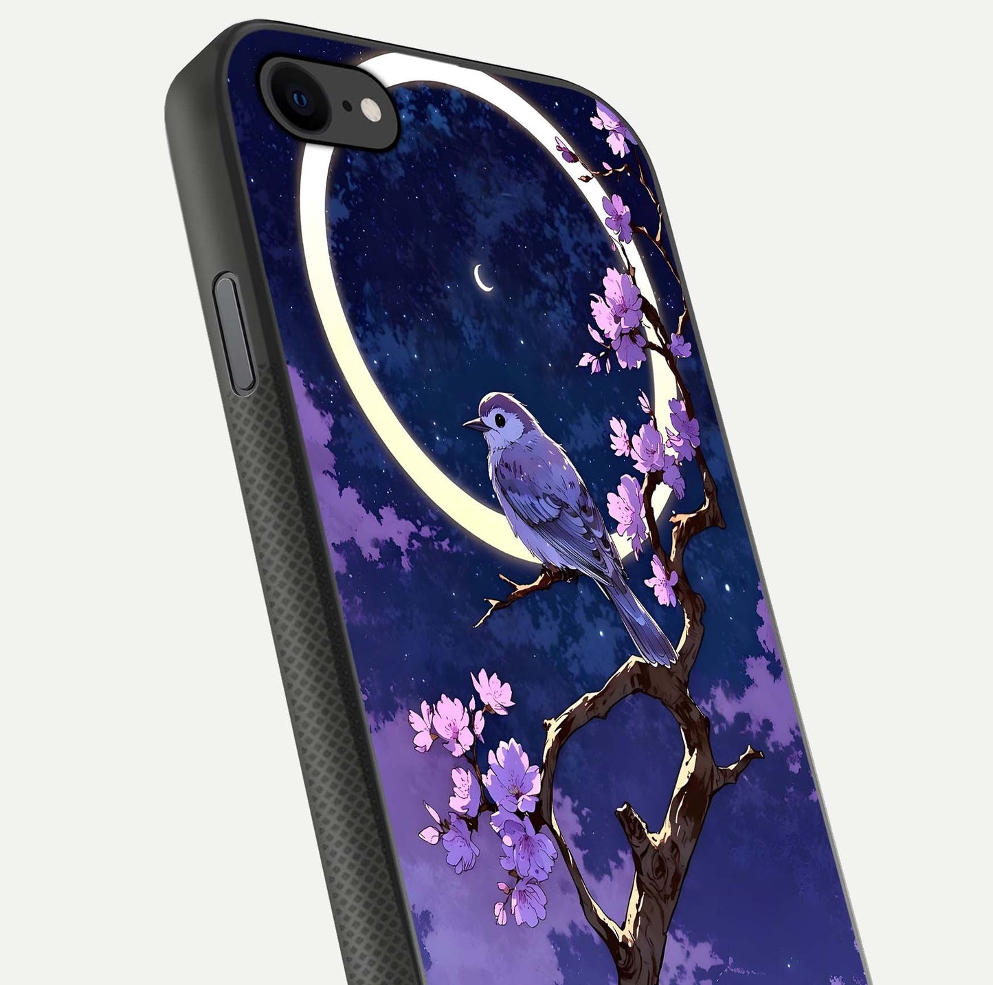 Celestial Bird Blossom Glass Case for iPhone 8 close-up capturing bird detail, petal reflection, and gloss shine