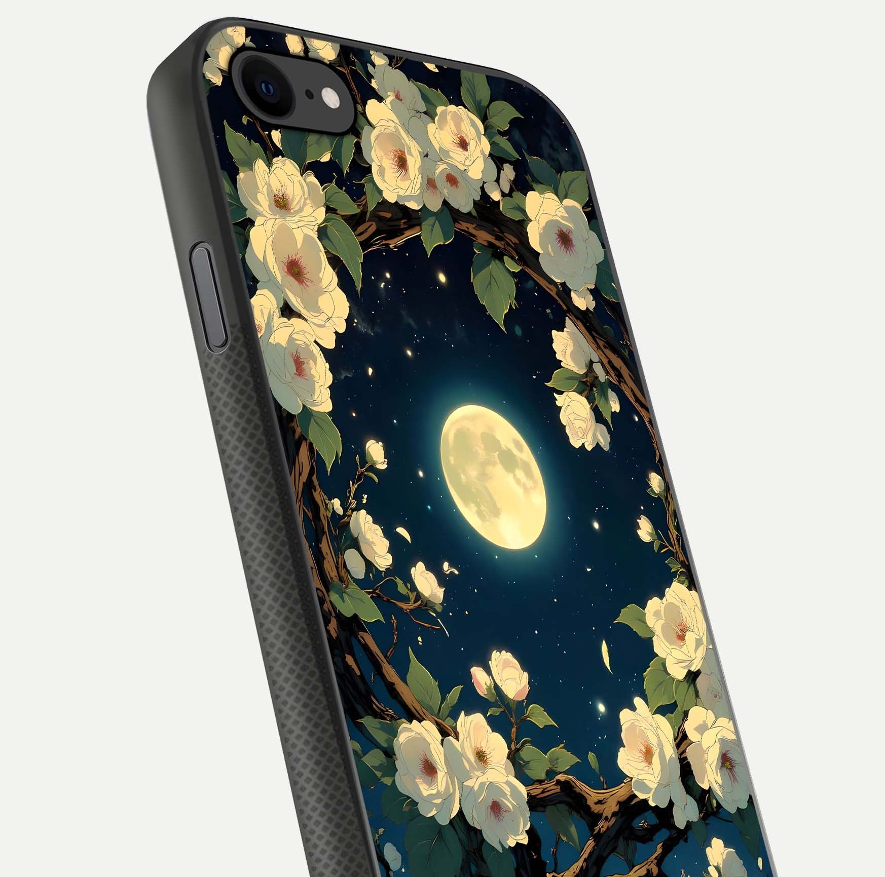 Celestial Moon & Flower Glass Case for iPhone 8 close-up capturing petal reflection and moonlight contrast