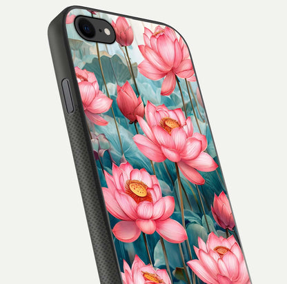 Celestial Pink Lotus Glass Case for iPhone 8 close-up highlighting petal detail and HD glass reflection