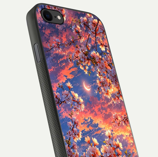 Celestial Sakura Sunset Glass Case for iPhone 8 close-up image highlighting blossom petals and gloss shine