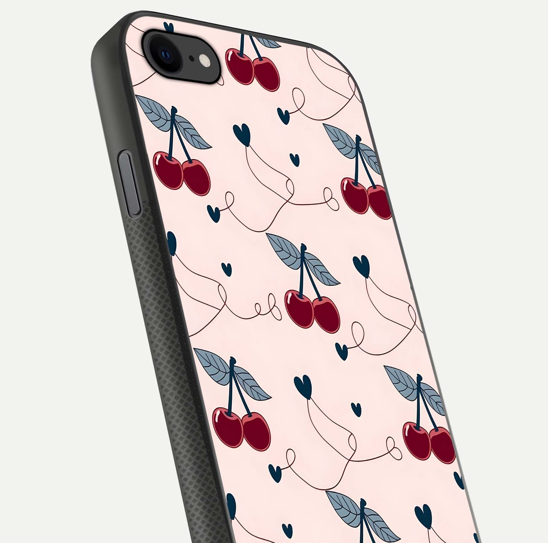 Cherry Heart Line Glass Case for iPhone 8 close-up showing heart outline and HD reflection gloss