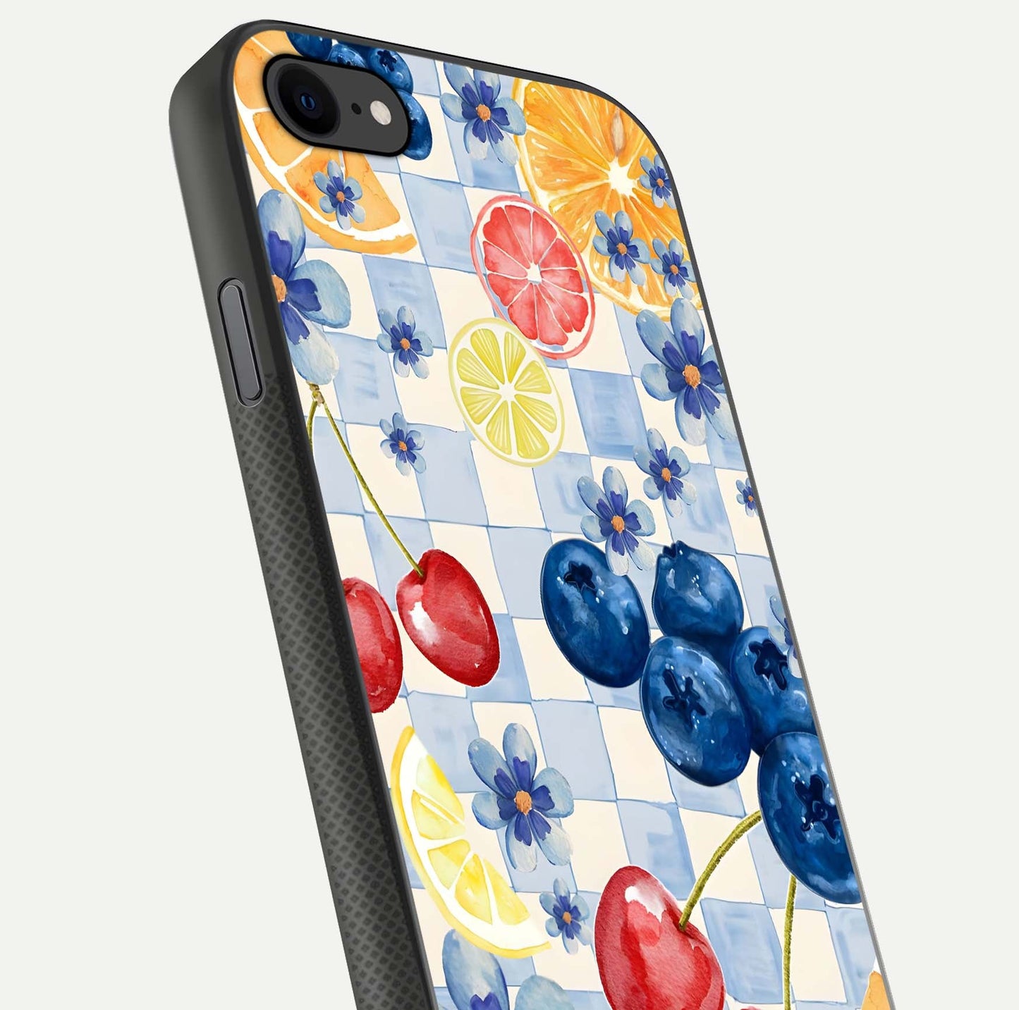 Citrus Bloom Joy Glass Case for iPhone 8 close-up highlighting orange blossoms and reflection detail