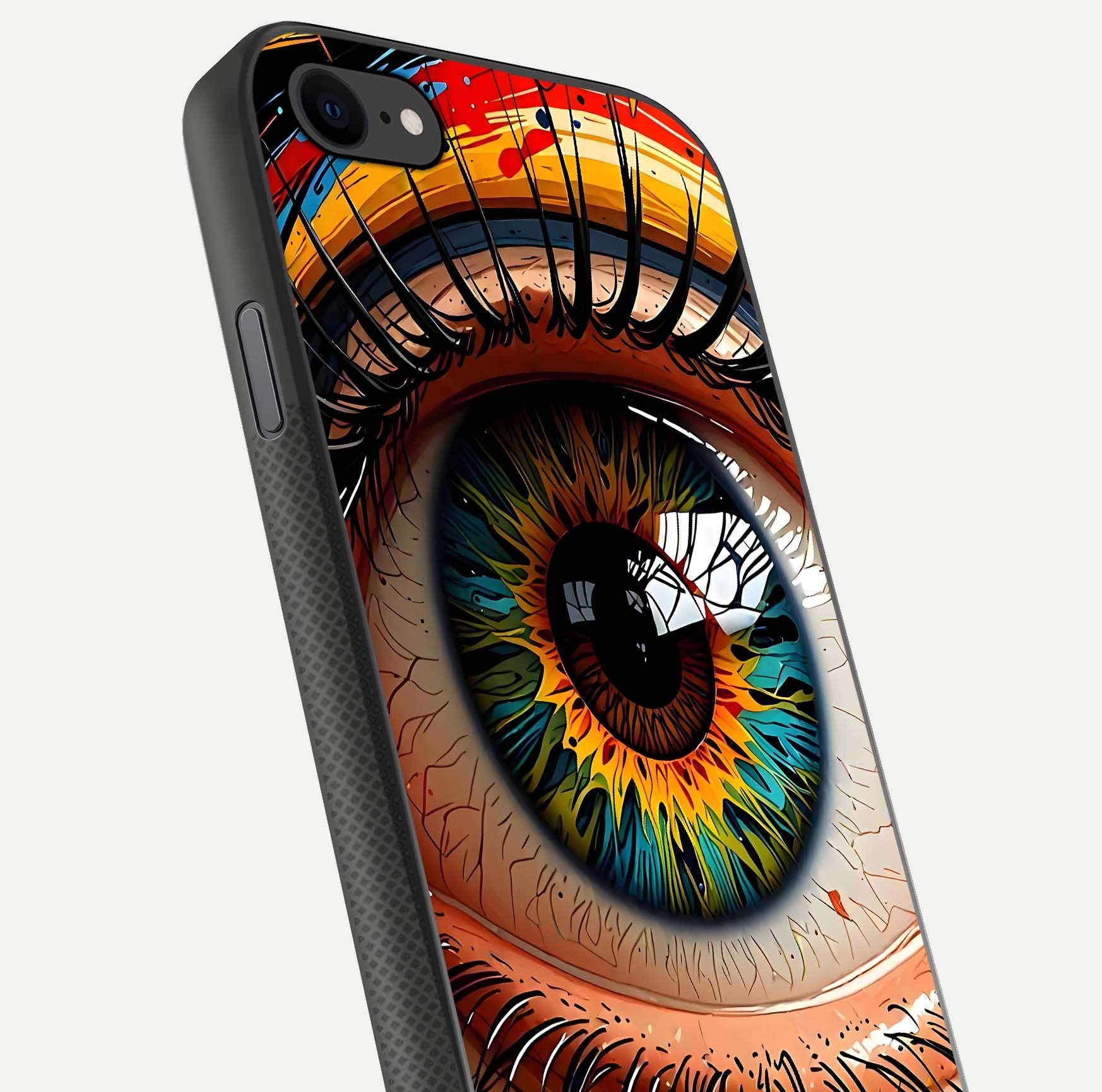 Colorful Eye Glass Case for iPhone 8 close-up highlighting eye pattern detail and reflection shine