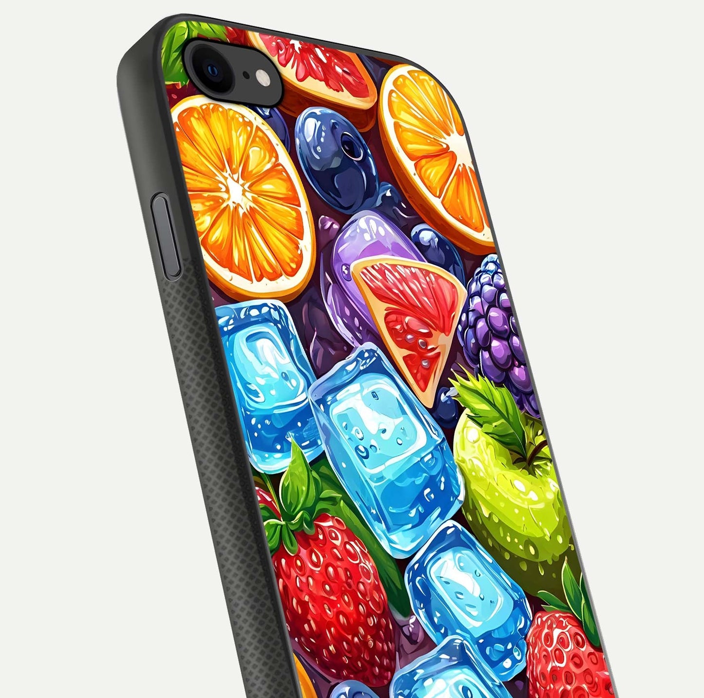 Colorful Fruits with Ice Glass Case for iPhone 8 close-up highlighting fruit color and reflection glow