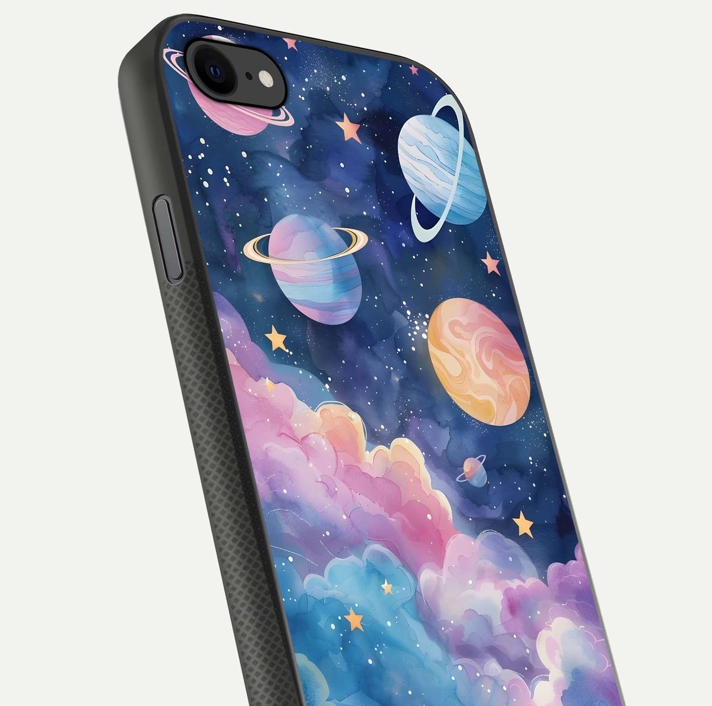Cosmic Planet Dreams Glass Case for iPhone 8 close-up highlighting planetary details and reflection glow