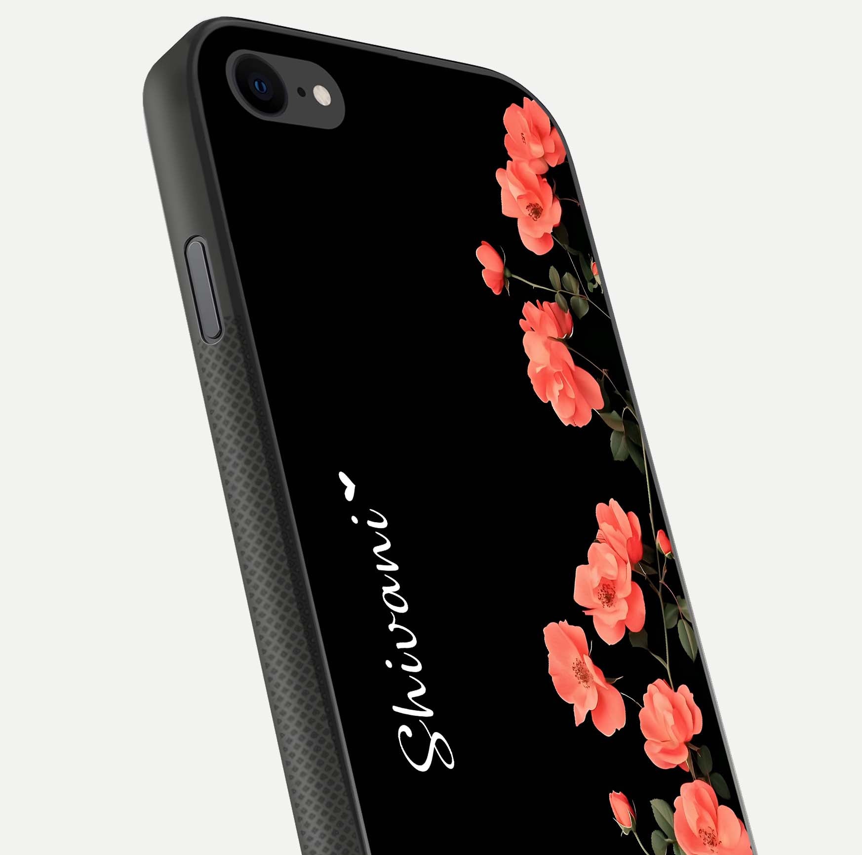 Crimson Bloom Grace Custom Name Glass Case for iPhone 8 close-up highlighting flower pattern and reflection texture