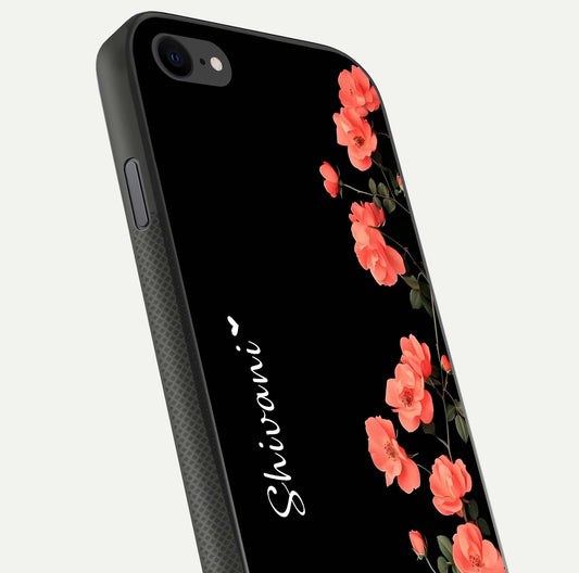 Crimson Bloom Grace Custom Name Glass Case for iPhone 8 close-up highlighting flower pattern and reflection texture