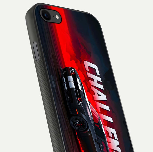 Crimson Challenger Fury Glass Case for iPhone 8 close-up highlighting car details and reflection depth