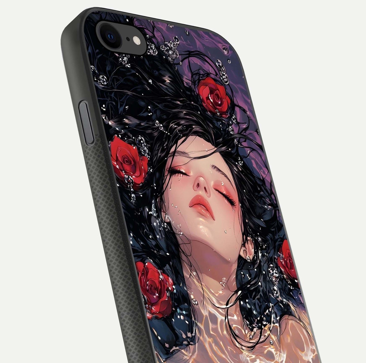 Crimson Rose Serenity Glass Case for iPhone 8 close-up highlighting rose gradient and reflection detail