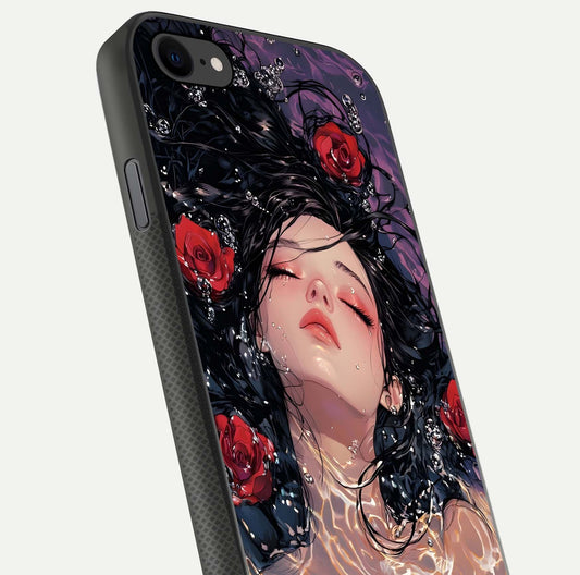 Crimson Rose Serenity Glass Case for iPhone 8 close-up highlighting rose gradient and reflection detail