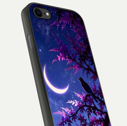 Crow & Moon Scenery Glass Case for iPhone 8 close-up highlighting moon detail, dark tones, and glass reflection