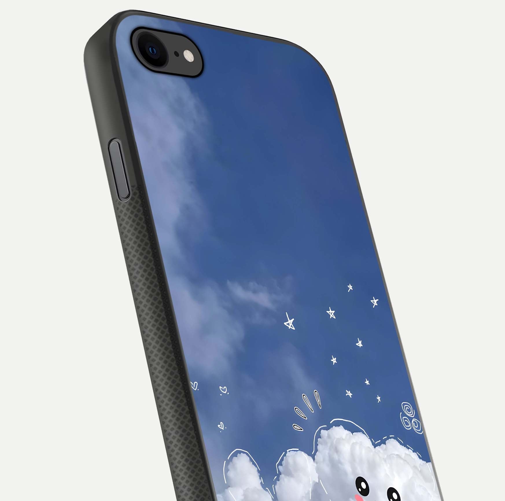 Cute Blossom Cloud Glass Case for iPhone 8 close-up highlighting pink flower tones and reflection glow