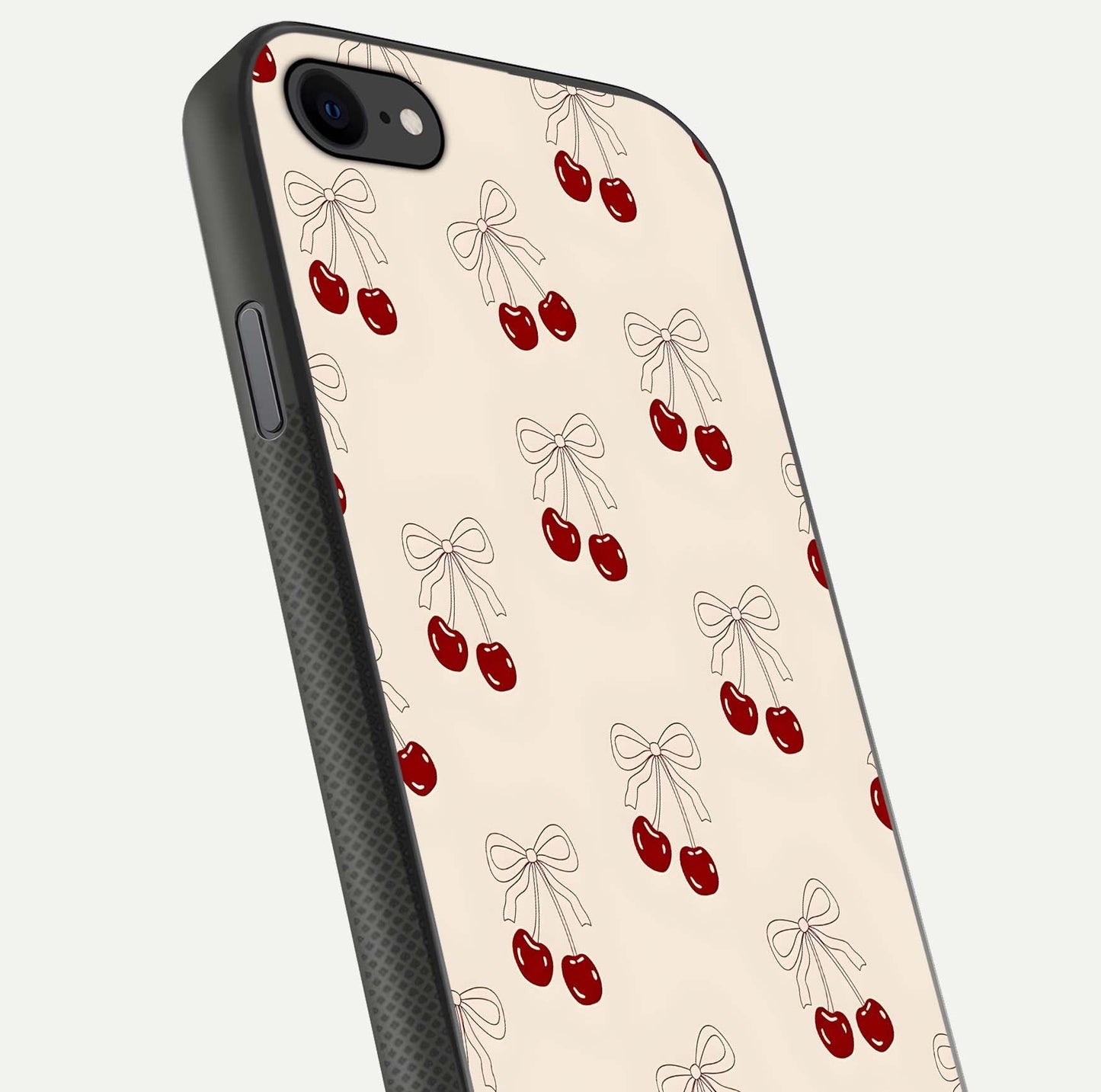 Cute Cherry Pattern Glass Case for iPhone 8 close-up showing cherry cluster details and light reflection