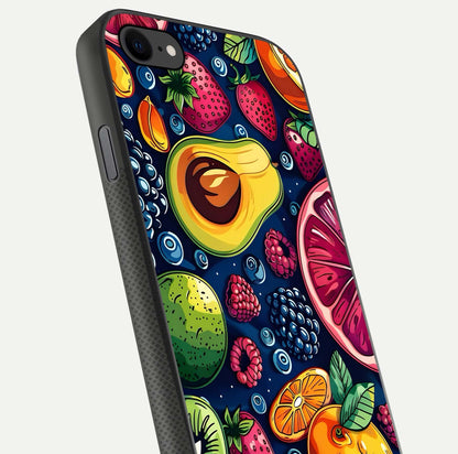 Cute Fruits Art Glass Case for iPhone 8 close-up highlighting fruit shapes, color tones, and reflection polish