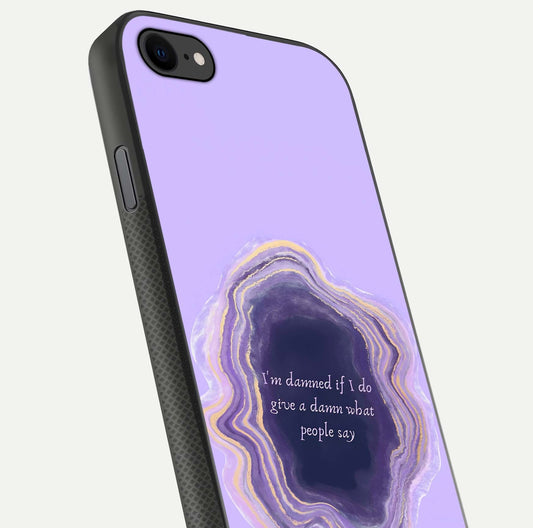 Damned People Quote Glass Case for iPhone 8 close-up highlighting quote text and reflection depth