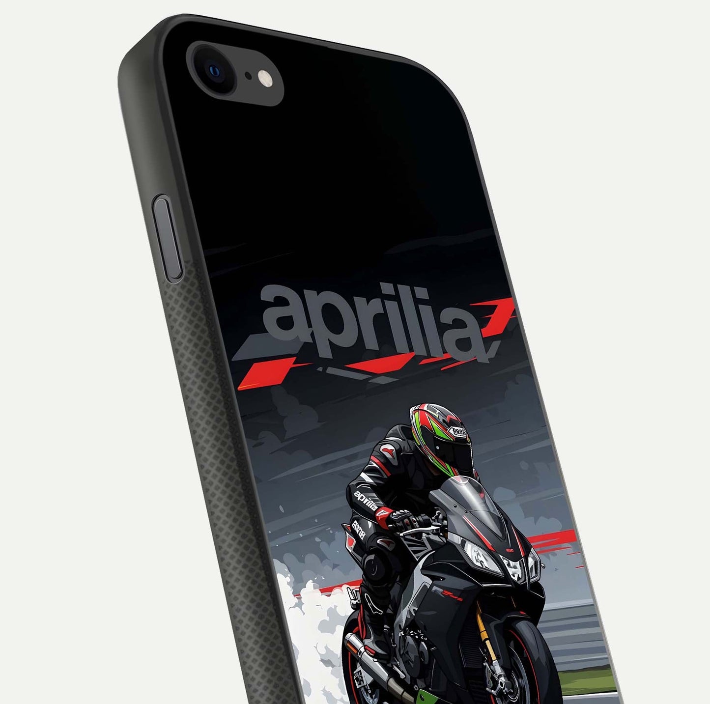 Dark Aprilla Glass Case for iPhone 8 close-up highlighting detailing and reflection effect