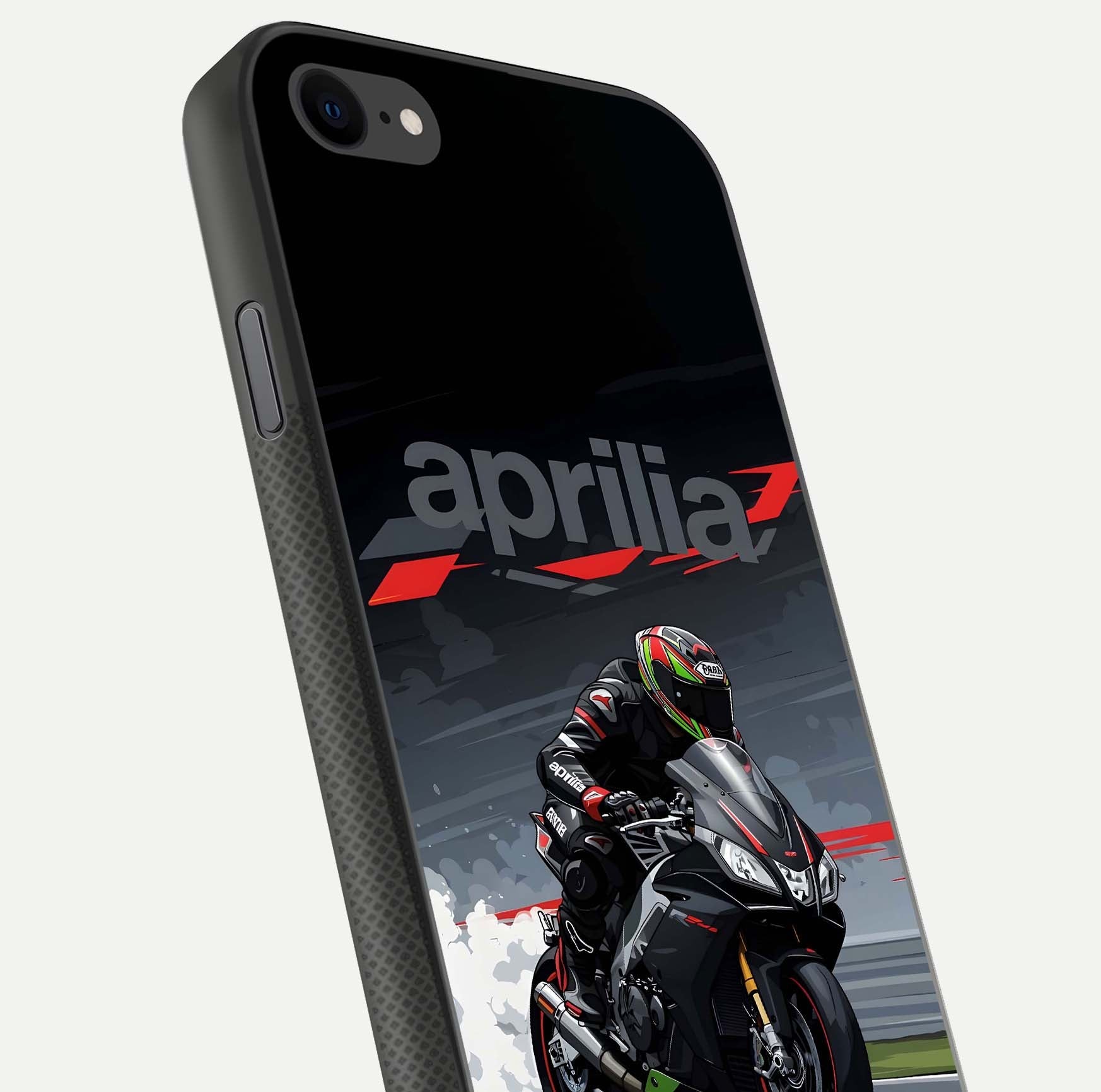 Dark Aprilla Glass Case for iPhone 8 close-up highlighting detailing and reflection effect