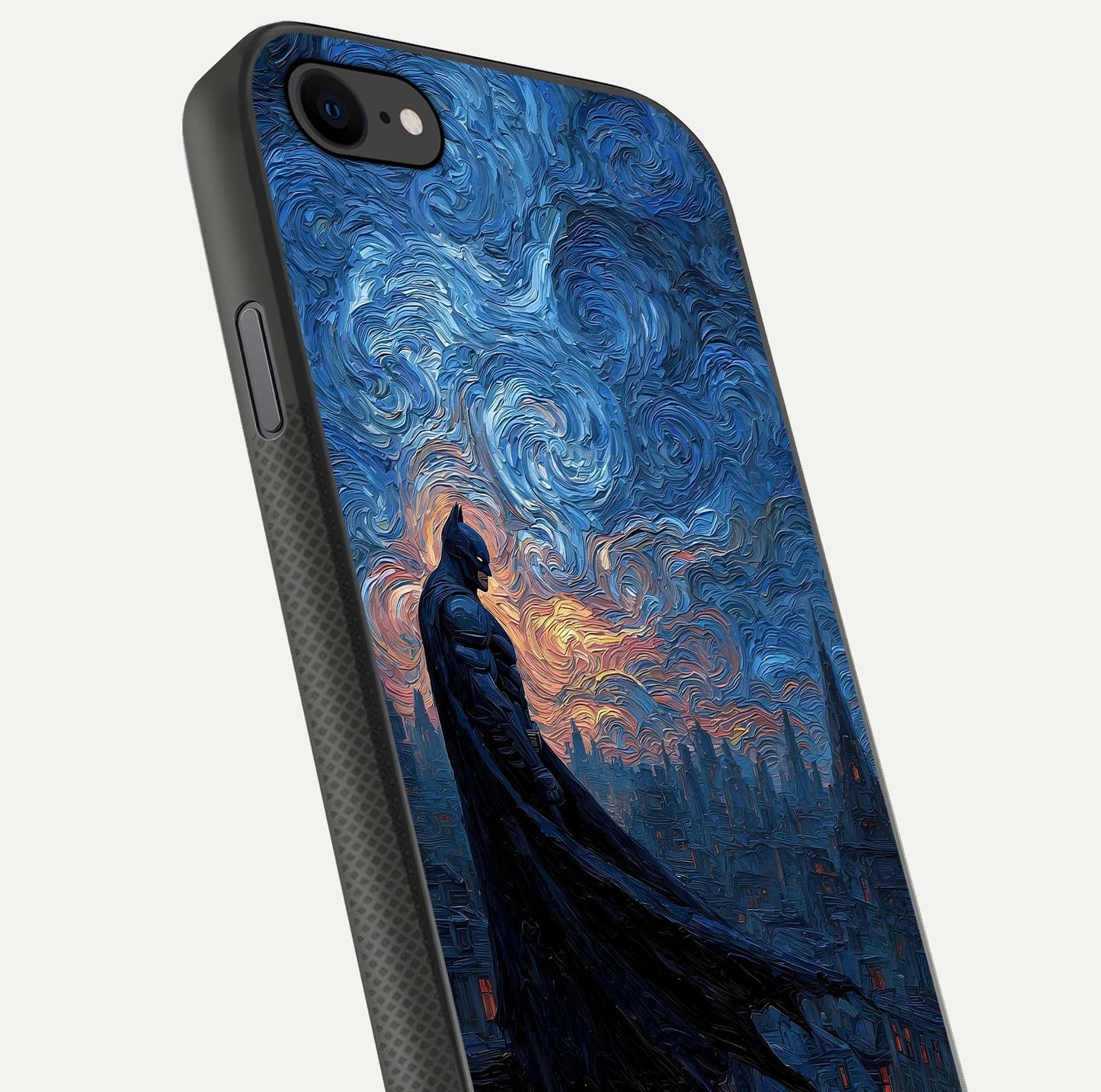 Dark Knight Dusk Glass Case for iPhone 8 close-up highlighting dark suit texture and reflection detail