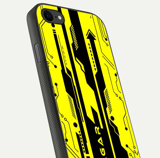 Electric Pulse CYBERPUNK Custom Name Glass Case for iPhone 8 close-up highlighting tech pattern, lighting effect, and reflection shine