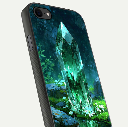 Emerald Light Crystal Glass Case for iPhone 8 close-up highlighting crystal texture and reflection glow