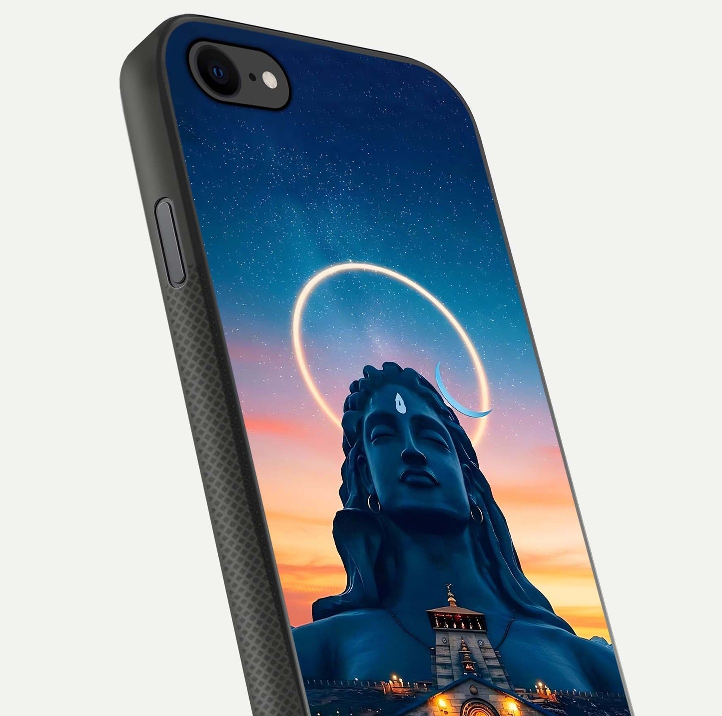 Eternal Shiva Aura Glass Case for iPhone 8 close-up highlighting divine detailing and reflection light