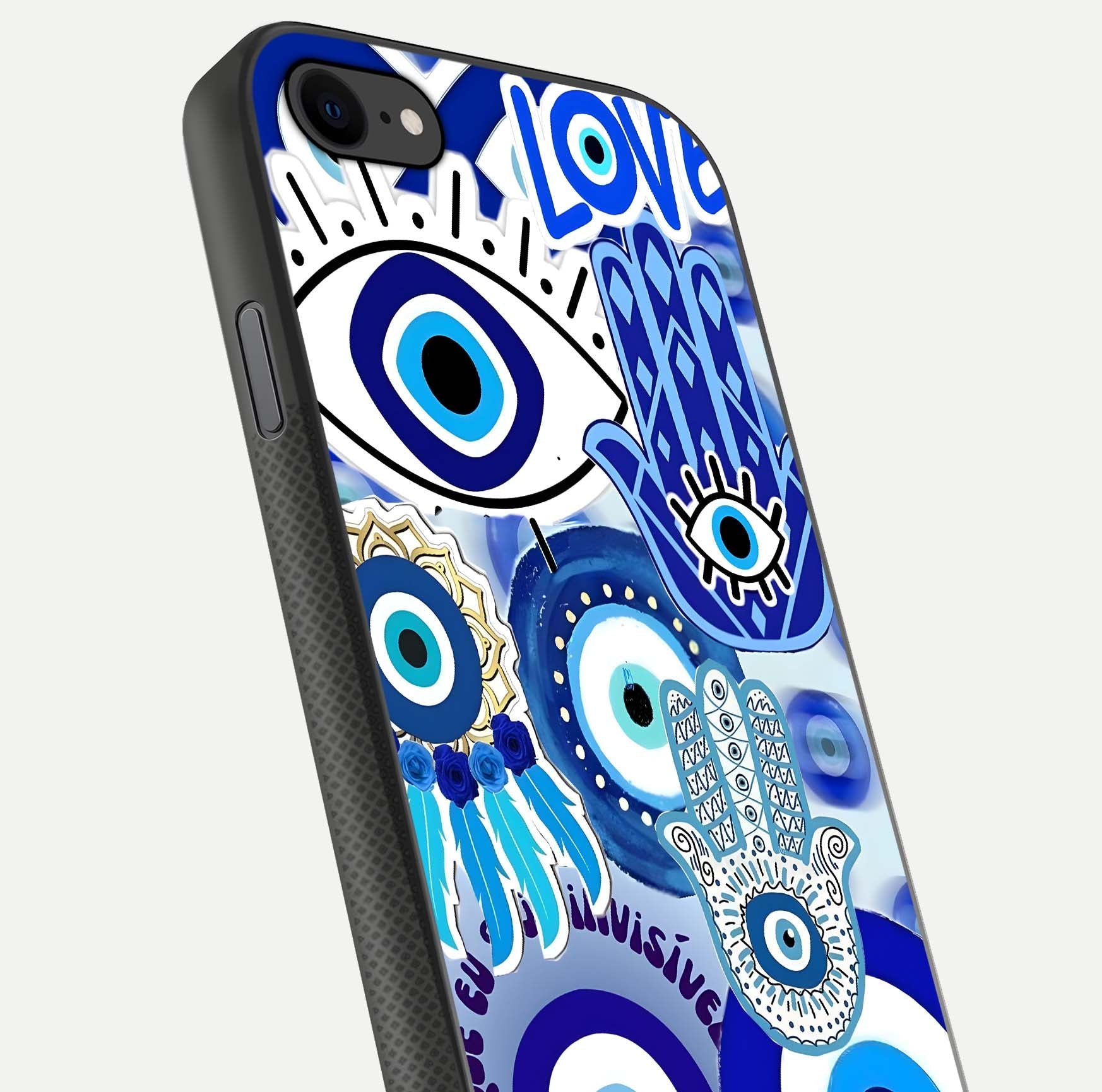 Evil Eyes Dream Glass Case for iPhone 8 close-up highlighting evil-eye charm detail and light reflection on glass