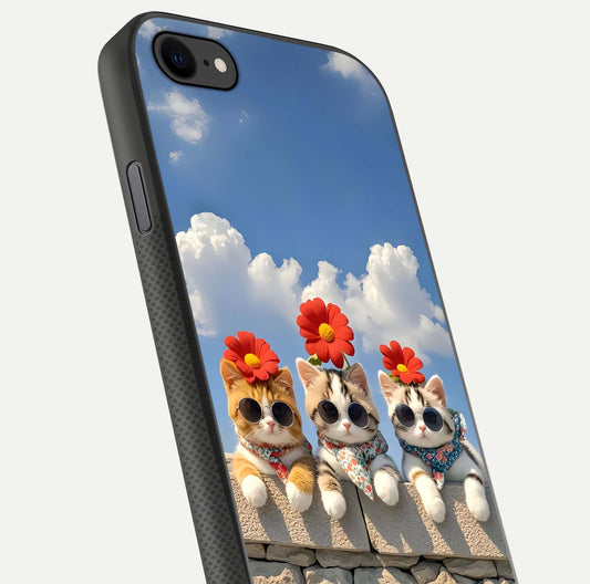Floral Kitty Squad Glass Case for iPhone 8 close-up highlighting cat detail and flower patterns with HD shine