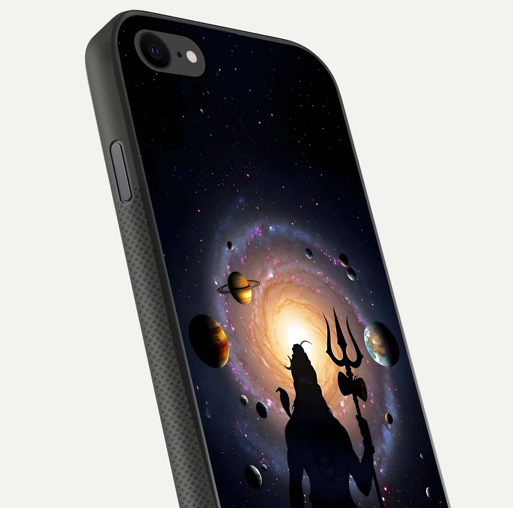 Galactic Shiva Vision Glass Case for iPhone 8 close-up angled shot highlighting divine aura, trident details, and reflection shine