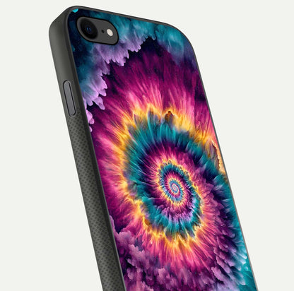 Galactic Spiral Burst Glass Case for iPhone 8 close-up angled shot showing spiral burst detail, neon tones, and glossy reflection
