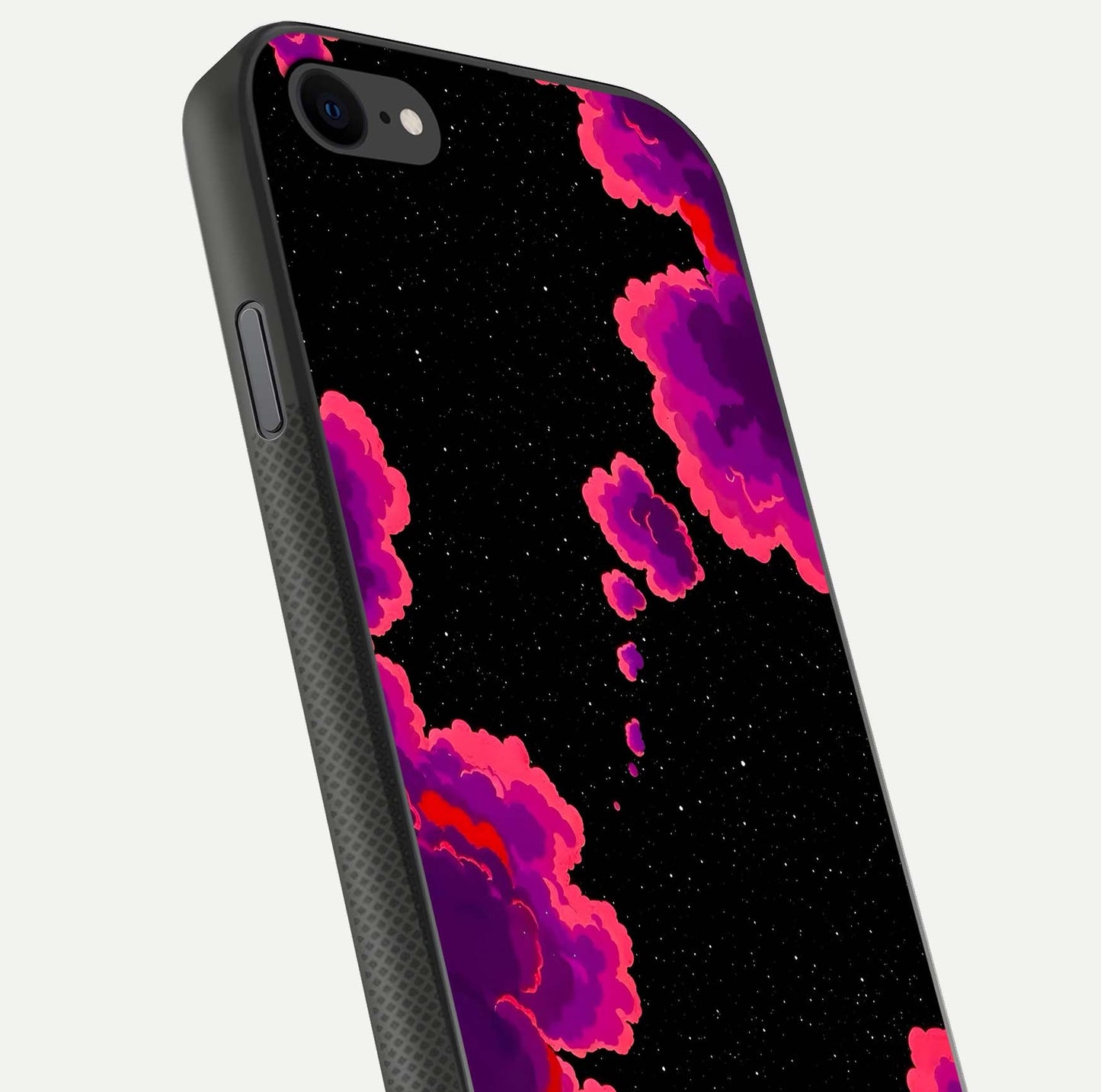 Galaxy Dream Frame Glass Case for iPhone 8 close-up angled shot showing nebula patterns and reflection glow
