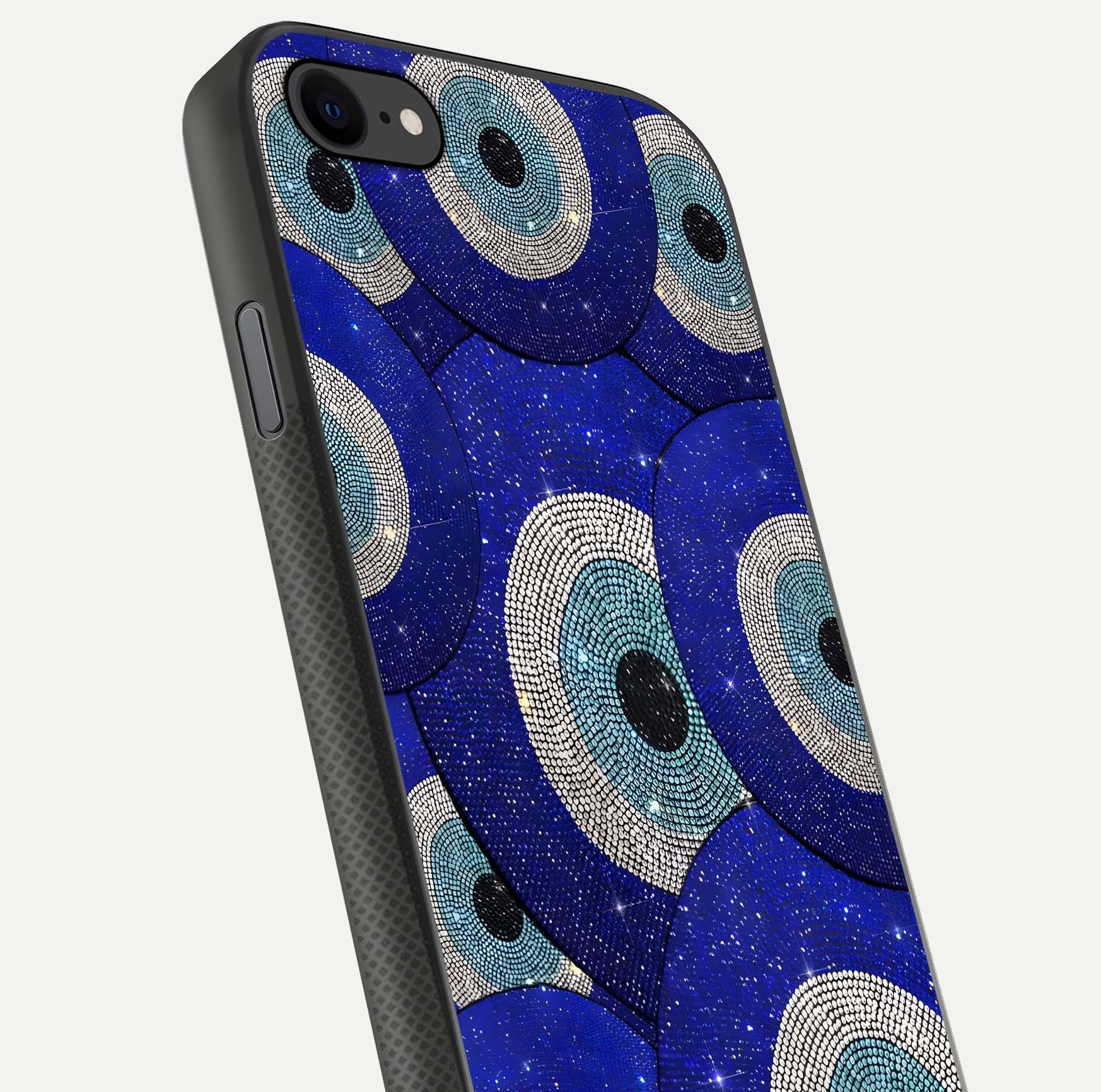 Galaxy Eye Flow Glass Case for iPhone 8 close-up angled shot showing vivid swirl detail and reflection brightness