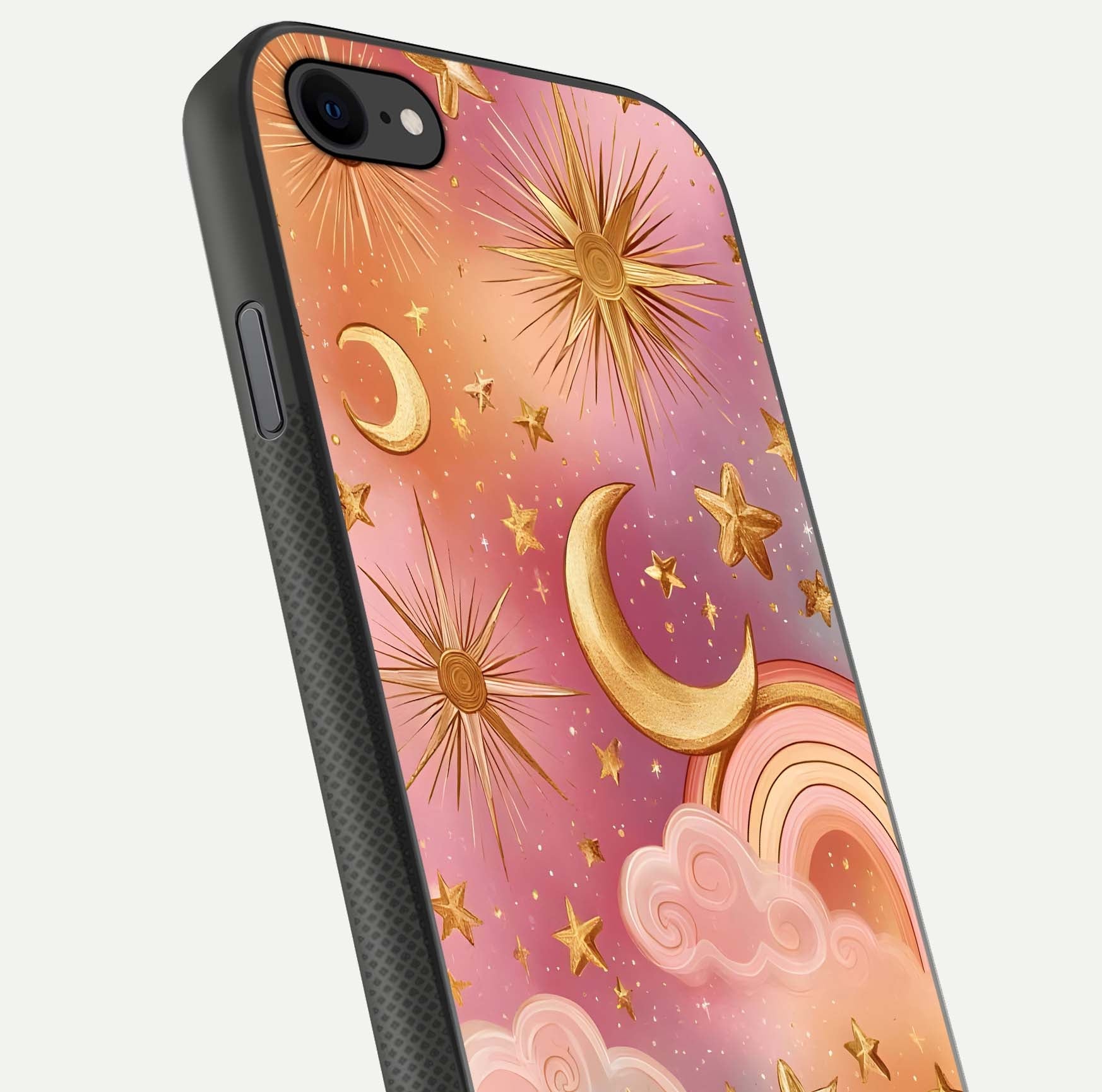 Golden Celestial Dreams Glass Case for iPhone 8 close-up angled shot showing cosmic gold tones and reflection shine