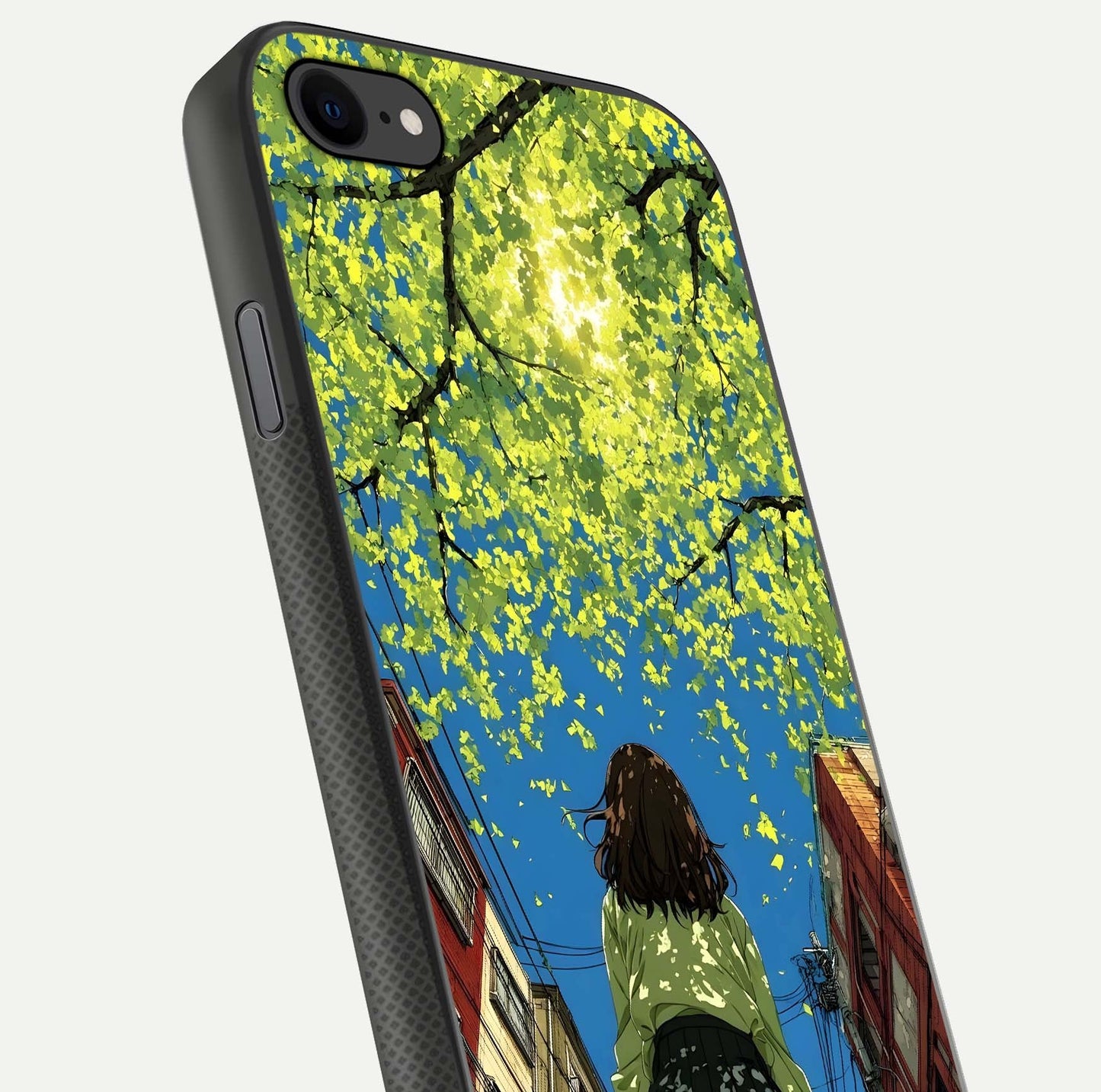 Golden Leaves Glow Glass Case for iPhone 8 close-up angled shot showing fine leaf texture and reflection shine