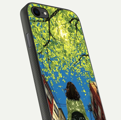 Golden Leaves Glow Glass Case for iPhone 8 close-up angled shot showing fine leaf texture and reflection shine